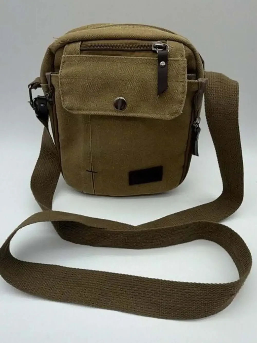 JINHUODA Khaki Canvas Multi-Pocket Small Messenger Crossbody Bag